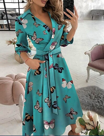 cheap Dresses-Women&#039;s Midi Dress A Line Dress Tie dye Letter printing Butterfly print Big wave point Small dots Diamond printing Black khaki Sky Blue Red Long Sleeve Lace up Pocket Print Butterfly Pure Color V Neck