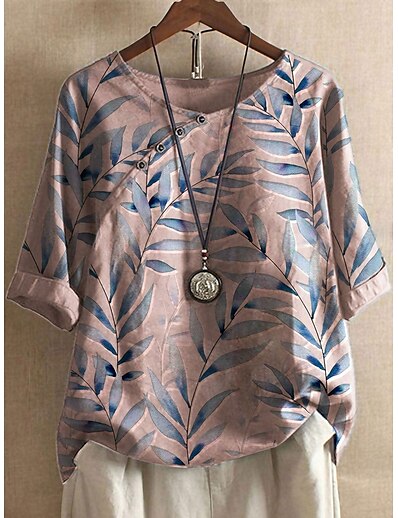 cheap Plus size-Women&#039;s Plus Size Tops Leaf Blouse Shirt Half Sleeve Vacation Round Neck Cotton And Linen Causal Daily Spring Summer Smoke green Green