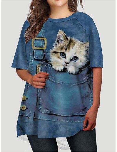 cheap Plus size-Women&#039;s Plus Size Cat T Shirt Dress Tee Dress Print Round Neck Half Sleeve Basic Fall Spring Causal Daily Short Mini Dress Dress