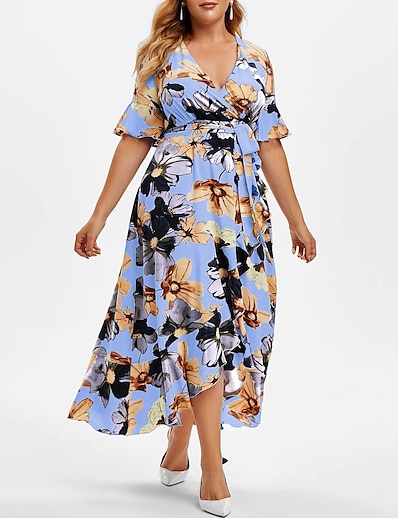 cheap Plus size-Women&#039;s Plus Size Floral Swing Dress Ruffle V Neck Half Sleeve Casual Spring Summer Holiday Date Maxi long Dress Dress