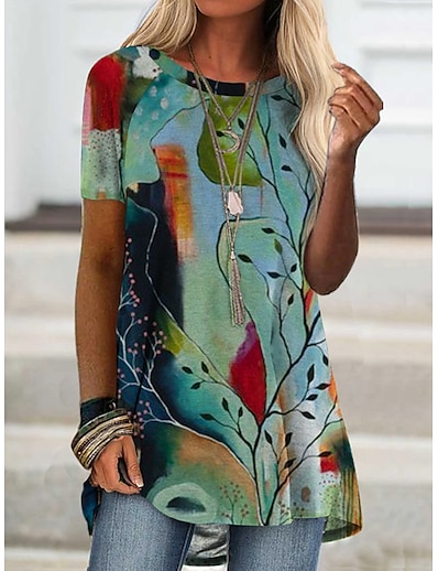 cheap Women&#039;s Tops-Women&#039;s Floral Theme T shirt Dress Plants Print Round Neck Basic Tops Green