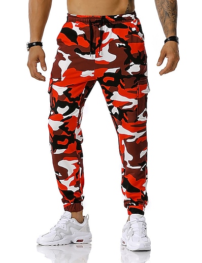 cheap Men&#039;s Bottoms-Men&#039;s Casual / Sporty Sports Drawstring Multiple Pockets Print Jogger Tactical Cargo Trousers Full Length Pants Micro-elastic Sport Daily Camouflage Mid Waist Blue Army Green Gray Orange Red S M L XL