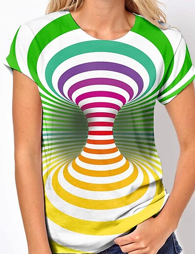 cheap Women&#039;s Tops-Women&#039;s T shirt 3D Printed Painting Optical Illusion Geometric Round Neck Print Basic Tops Green