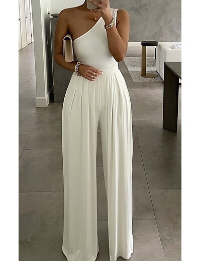 cheap 2022 Trends-Women&#039;s Jumpsuit Solid Color Print Ordinary One Shoulder Straight Party Street Sleeveless Regular Fit White Black Gray S M L Spring &amp; Summer
