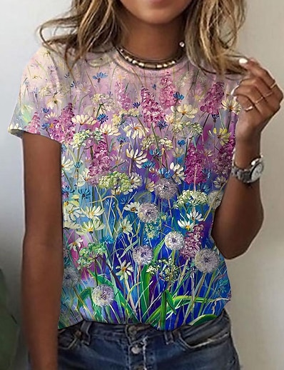 hesapli Kadın Üstleri-Kadın&#039;s Günlük Hafta sonu T gömlek Çiçek Teması Resim Kısa Kollu Çiçekli Grafik Yuvarlak Yaka Desen Temel Üstler Doğal Pembe S / 3D Baskı
