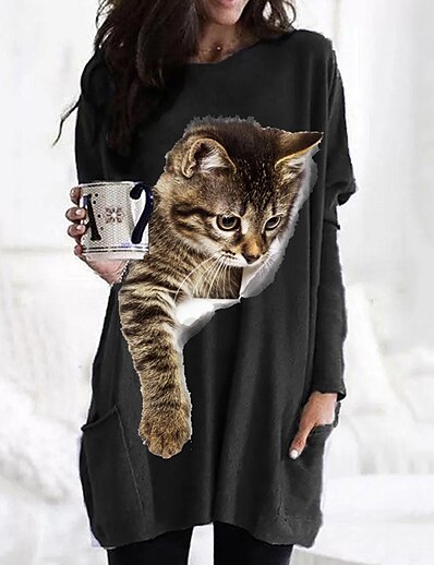 cheap Women&#039;s Tops-Women&#039;s T shirt Dress Cat Graphic 3D Round Neck Pocket Basic Tops Fuchsia Gray Green