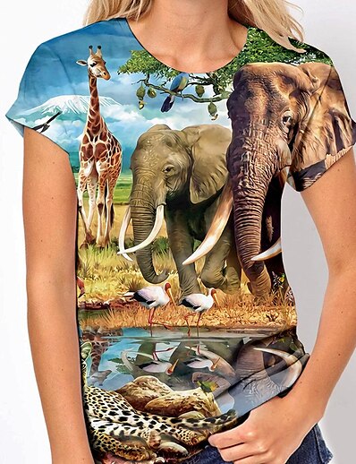 cheap Women&#039;s Tops-Women&#039;s Daily Weekend T shirt Tee 3D Printed Painting Short Sleeve Scenery Giraffe Animal Round Neck Print Basic Tops Green S