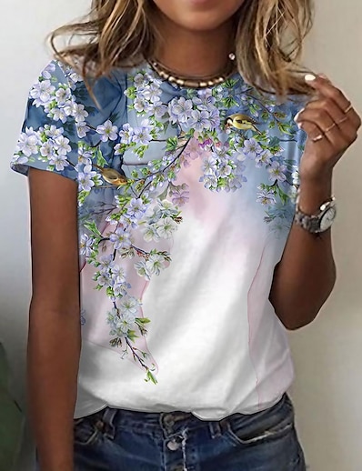 billige Topper til damer-Dame T skjorte Blomster Tema Maling Blomstret Fugl Rund hals Trykt mønster Grunnleggende Topper Grønn Hvit Rosa / 3D-utskrift
