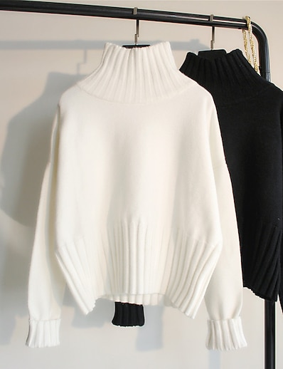 cheap Sweaters &amp; Cardigans-Women&#039;s Pullover Sweater Jumper Solid Color Knitted Stylish Basic Casual Long Sleeve Sweater Cardigans High Neck White Black / Loose