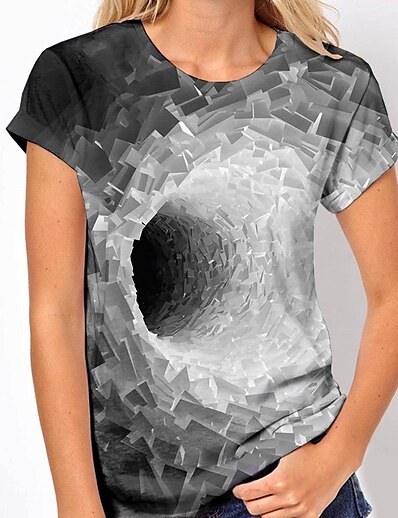 cheap Women&#039;s Tops-Women&#039;s 3D Printed T shirt Graphic Optical Illusion Print Round Neck Basic Tops Gray