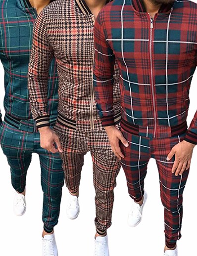 cheap Running, Jogging &amp; Walking-Men&#039;s 2 Piece Full Zip Street Casual Sweatsuit Gentleman Tracksuit Long Sleeve Winter Thermal Warm Breathable Soft Gym Workout Running Jogging Training Exercise Sportswear Plaid Checkered Jacket