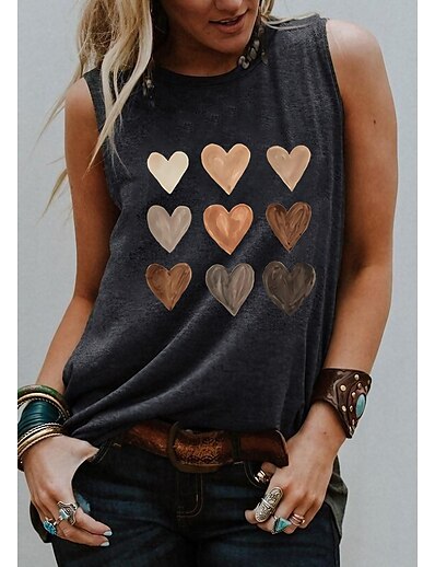 cheap Women&#039;s Tops-Women&#039;s Tank Top Vest T shirt Graphic Heart Round Neck Print Basic Streetwear Tops Blue Light gray Black