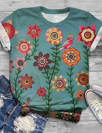 cheap Plus size-Women&#039;s Plus Size Tops T shirt Floral Graphic Short Sleeve Print Crewneck Cotton Spandex Jersey Daily Green / Loose