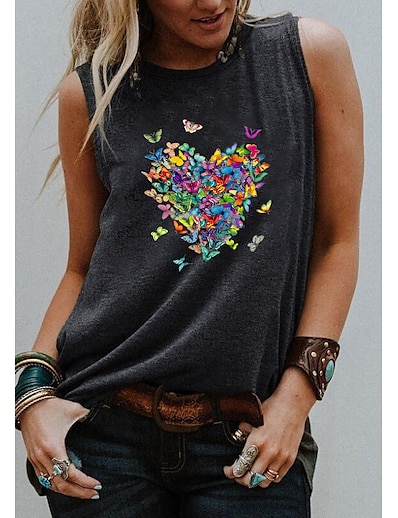 cheap Women&#039;s Tops-Women&#039;s Tank Top Vest T shirt Graphic Butterfly Heart Round Neck Print Basic Tops Blue Purple Light gray