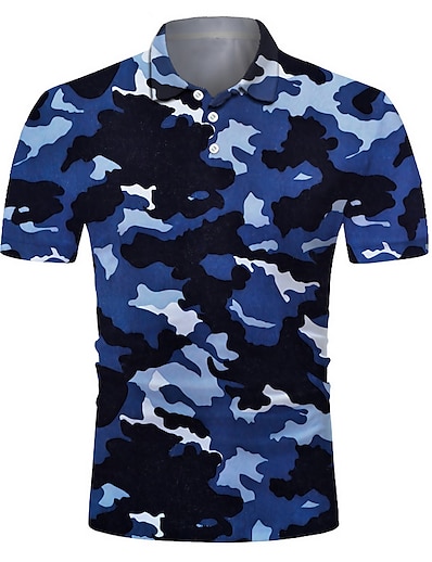 baratos Blusas Masculinas-Homens Camisa de golfe Camisa de tênis camuflagem Impressão 3D Colarinho Rua Casual Manga Curta Botão para baixo Blusas Casual Moda Legal Respirável Azul / Esportes