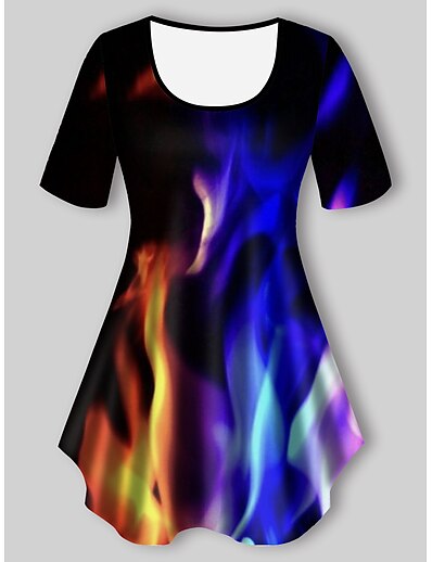 cheap Plus size-Women&#039;s Plus Size Tops T shirt Graphic Flame Short Sleeve Print Basic Crewneck Cotton Spandex Jersey Daily Holiday Black