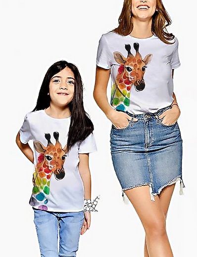 baratos Roupas para Família-Mamãe e eu Camisa Camiseta Animal Imprimir Branco Manga Curta Ativo Roupas Combinando / Infantil / Verão