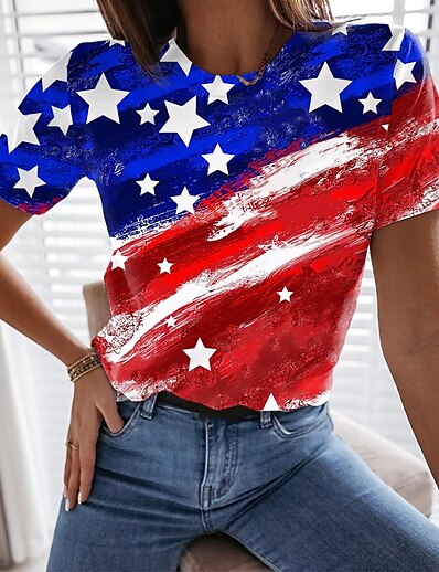 cheap Women&#039;s Tops-Women&#039;s T shirt Abstract Painting Color Block American Flag National Flag Round Neck Print Basic Tops Blue / 3D Print