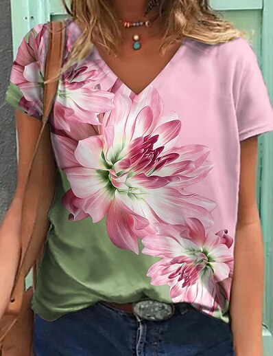 cheap Women&#039;s Tops-Women&#039;s Floral Theme Painting T shirt Floral Color Block Print V Neck Basic Tops Blushing Pink