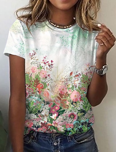 billige Overdele til damer-Dame T-shirt Blomster Tema Blomstret Grafisk Rund hals Trykt mønster Basale Toppe Hvid / 3D-udskrivning