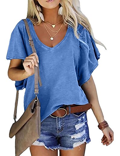 cheap Women&#039;s Tops-Women&#039;s Home Casual Daily T shirt Tee Short Sleeve Plain Solid Colored V Neck Basic Casual Daily Tops White Black Blue S