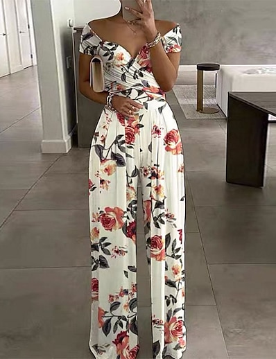 cheap Jumpsuits &amp; Rompers-Women&#039;s Jumpsuit Floral Criss Cross Elegant Off Shoulder Wide Leg Party Holiday Short Sleeve Regular Fit Green White Blue S M L Spring