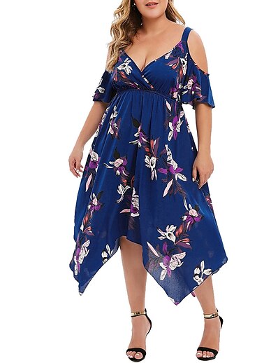 cheap Plus size-Women&#039;s Plus Size Floral Swing Dress V Neck Half Sleeve Fashion Spring Summer Causal Vacation Maxi long Dress Dress
