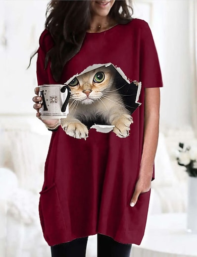 cheap Women&#039;s Tops-Women&#039;s T shirt Dress Cat Graphic 3D Round Neck Basic Tops Black Wine Army Green