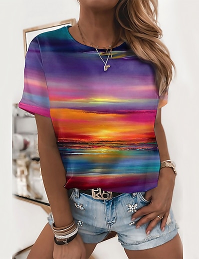 abordables Camisas y Camisetas para Mujer-Mujer Camiseta Abstracto 3D Pintura Gráfico Paisaje 3D Escote Redondo Estampado Básico Tops Morado / Impresión 3D