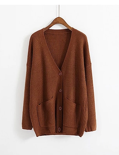 cheap Sweaters &amp; Cardigans-Women&#039;s Sweater Solid Color Basic Casual Long Sleeve Sweater Cardigans Fall Winter V Neck Light Brown / Slim / Cotton