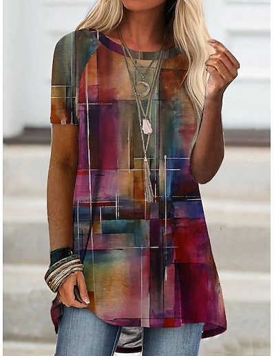 cheap Women&#039;s Tops-Women&#039;s Geometric T shirt Dress Color Gradient Print Round Neck Basic Tops Fuchsia