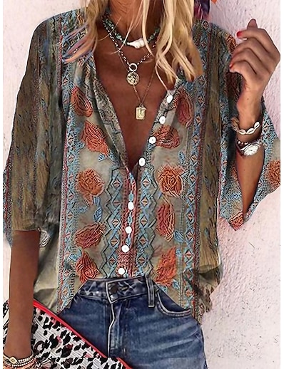 cheap Women&#039;s Tops-Women&#039;s Blouse Shirt Bohemian Theme Floral Graphic Geometric Shirt Collar Print Basic Ethnic Vintage Tops Light Brown