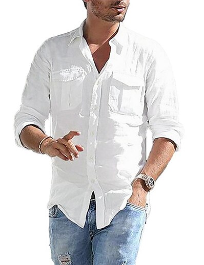 hesapli Erkek-Erkek Gömlek Tek Renk Yaka Aşağı Dönük Günlük Tatil Uzun Kollu Aşağı düğmesi Üstler Hafif Günlük Moda Nefes Alabilir Beyaz Siyah Havuz