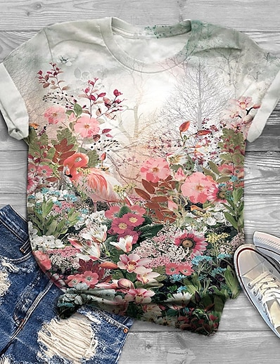 cheap Plus size-Women&#039;s Plus Size Tops Floral Graphic T shirt Short Sleeve Print Charm Basic Casual Crewneck Cotton Spandex Jersey Daily Practice Fall Spring White