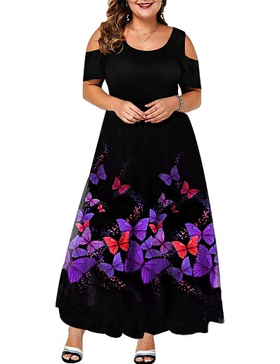 cheap Plus size-Women&#039;s Plus Size Butterfly Swing Dress Print Round Neck Short Sleeve Elegant Spring Summer Daily Maxi long Dress Dress