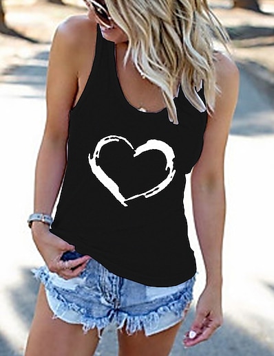 cheap Women&#039;s Tops-Women&#039;s Tank Top Camis T shirt Printing U Neck Basic Heart Tops Black Gray White