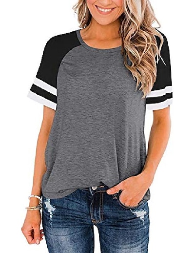 cheap Women&#039;s Tops-Women&#039;s Casual Daily Sports T shirt Tee Short Sleeve Striped Color Block Round Neck Basic Tops Green White Black S