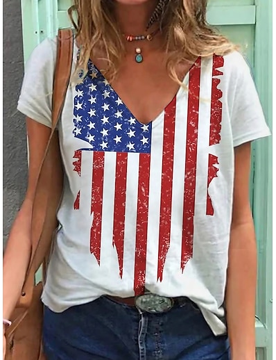 cheap Women&#039;s Tops-Women&#039;s T shirt American Flag National Flag V Neck Basic Tops White