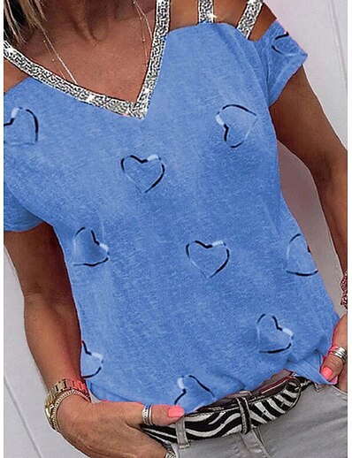 cheap Women&#039;s Tops-Women&#039;s T shirt Heart Love Heart V Neck Basic Tops White Gray