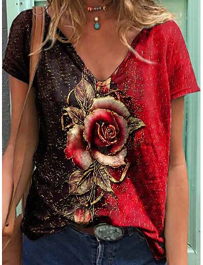 cheap Women&#039;s Tops-Women&#039;s T shirt Floral Theme Floral Plants V Neck Basic Tops Purple Orange Red / 3D Print