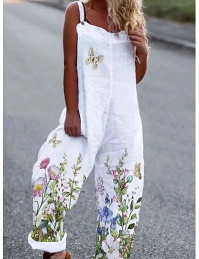 cheap Jumpsuits &amp; Rompers-Women&#039;s Jumpsuit Floral Print Ordinary Strap Straight School Casual Spaghetti Strap Regular Fit White S M L Fall