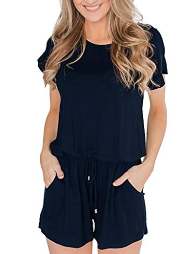 cheap Jumpsuits &amp; Rompers-Women&#039;s Romper Solid Color Casual Casual Daily Short Sleeve Standard Fit Stripe ArmyGreen Black S M L Spring