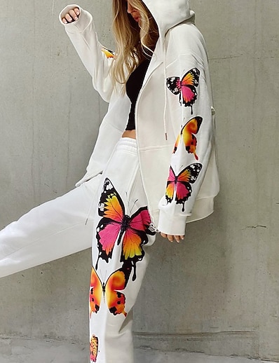 cheap Two Piece Set-Women&#039;s Basic Butterfly Daily Two Piece Set Hooded Pant Sweatshirt Pants Sets Drawstring Print Tops