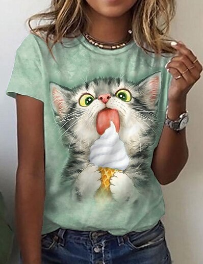 cheap Women&#039;s Tops-Women&#039;s Daily Weekend T shirt Tee 3D Cat Short Sleeve Cat 3D Round Neck Print Basic Tops Green S / 3D Print