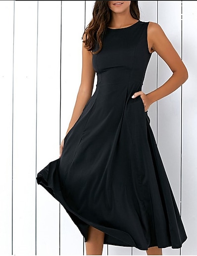 cheap Dresses-Women&#039;s Midi Dress A Line Dress Black Sleeveless Pocket Solid Color Crew Neck Spring Summer Elegant Casual 2022 S M L XL XXL XXXL 4XL 5XL
