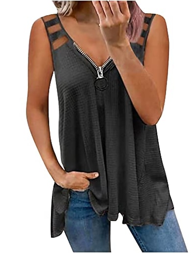 cheap Women&#039;s Tops-yuniao womens summer tank top, fashion sleeveless hollow out t-shirt, daily casual loose fit tunic zipper v-neck blouses tees