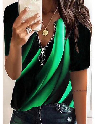 cheap Women&#039;s Tops-Women&#039;s T shirt Painting Color Block V Neck Quarter Zip Print Basic Tops Green Blue Purple / 3D Print