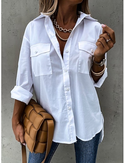 cheap Women&#039;s Tops-Women&#039;s Tunic Blouse Shirt Plain Shirt Collar Pocket Button Basic Elegant Casual Tops White Black