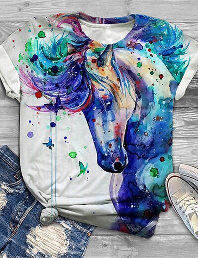 cheap Plus size-Women&#039;s Plus Size Tops T shirt Graphic Horse Short Sleeve Print Basic Crewneck Cotton Spandex Jersey Daily Holiday Blue