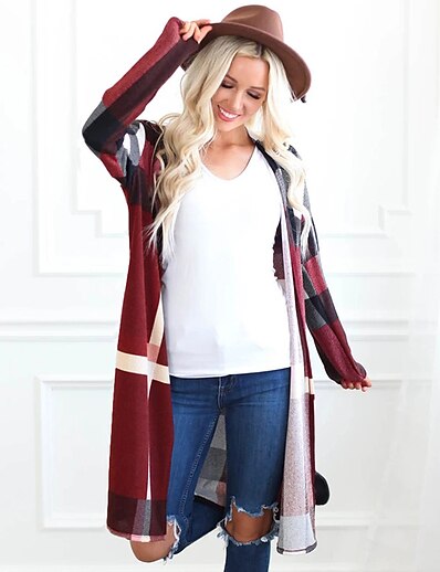 cheap Sweaters &amp; Cardigans-Women&#039;s Cardigan Plaid / Check Long Sleeve Sweater Cardigans Others Wine Red Black Navy Blue